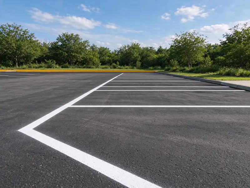 Row of crisp white parking stall lines on dark asphalt with yellow painted curb at the end of the row