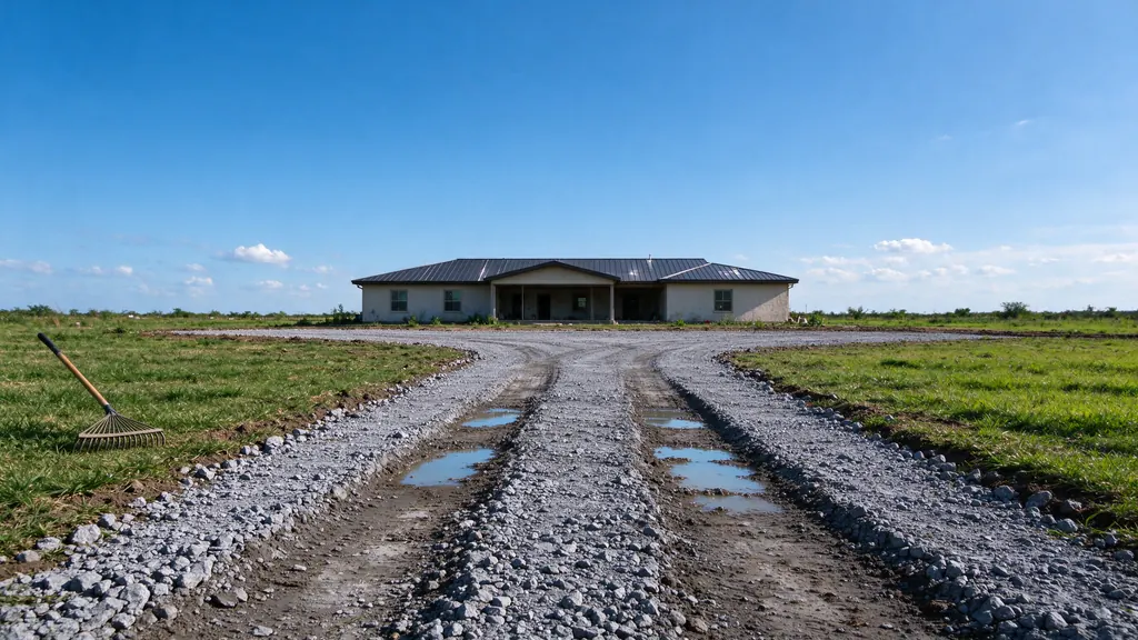 Rutted gravel driveway with stone pushed into the grass