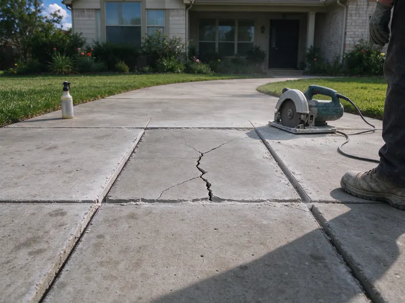 Saw-cut outline around a failed driveway panel