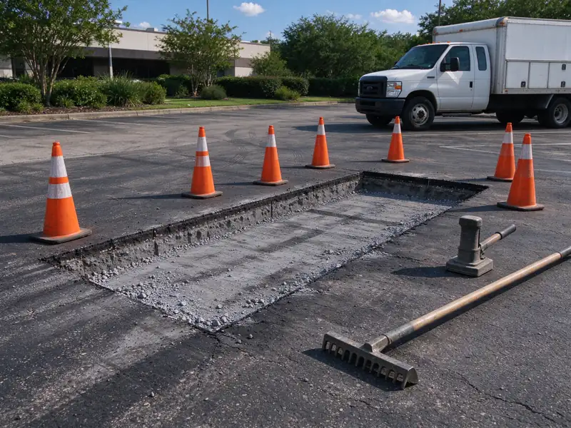 Saw-cut rectangular excavation in a parking lot with the failed asphalt removed and compacted gray crushed-stone base exposed