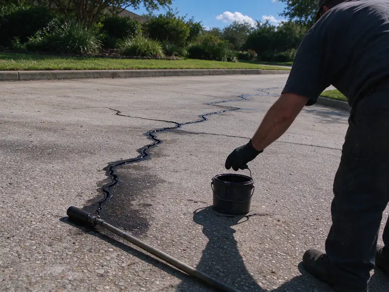 Sealed crack line on an asphalt driveway