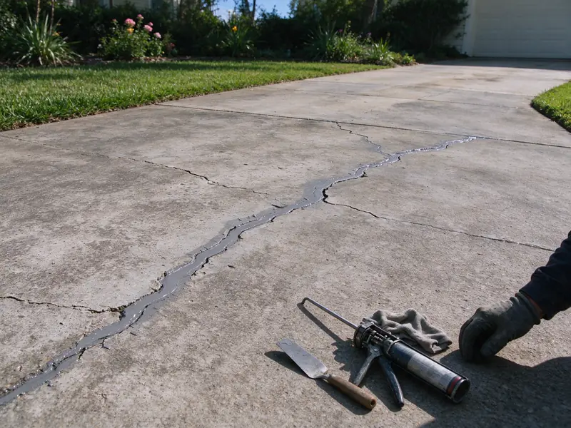 Sealed crack still visible on a weathered concrete driveway
