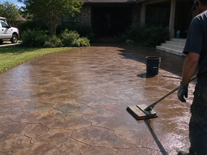 Sealed stamped concrete driveway surface with a low-sheen finish and fine grit visible in the sealer for traction