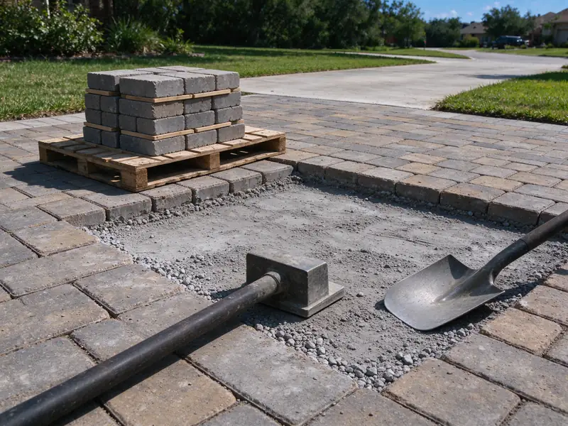 Section of a paver driveway with the pavers removed and neatly stacked on a pallet beside the opening