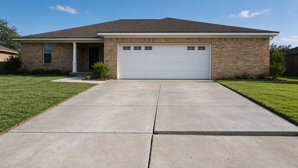 Settled concrete driveway panel with a step at its joint in front of a Houston house