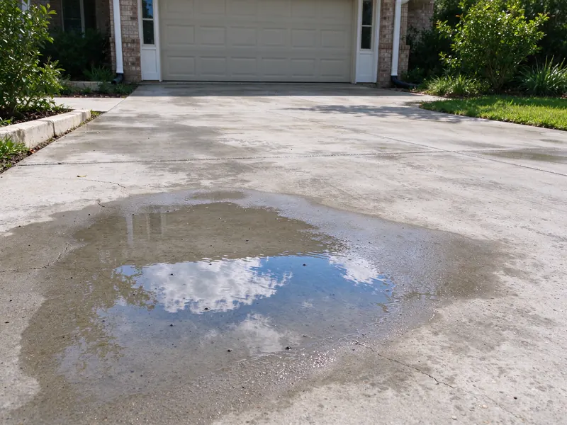 Shallow puddle of rainwater collected on a settled section of a concrete driveway near a garage