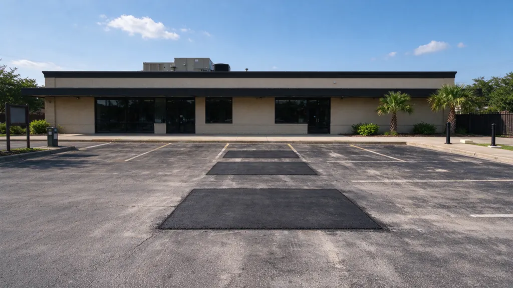 Small commercial asphalt parking lot in front of a one-story strip retail building