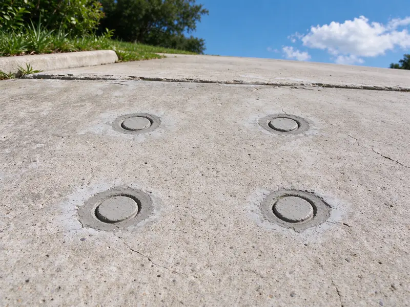 Small filled access holes in a leveled concrete panel