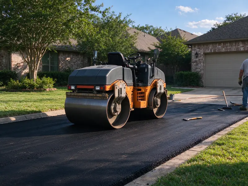 Small roller compacting fresh asphalt on a driveway