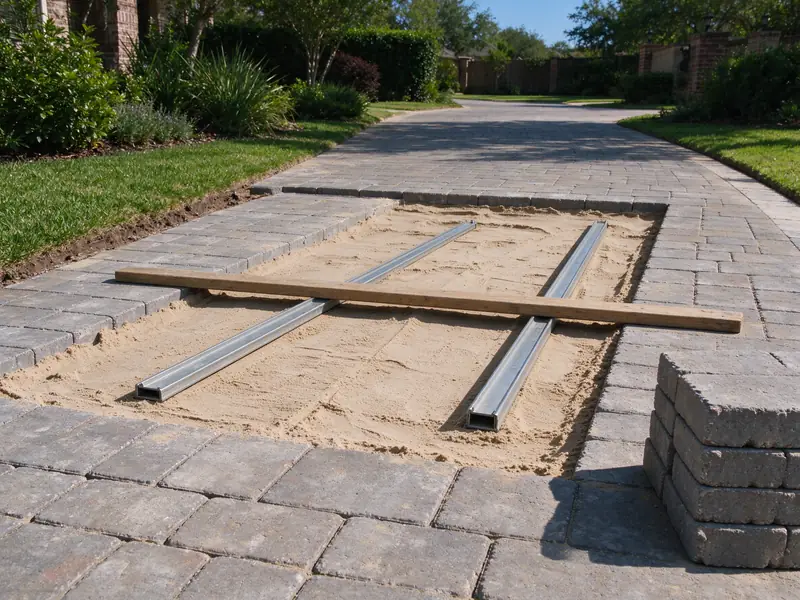 Smooth screeded layer of bedding sand inside a rectangular opening in a paver driveway
