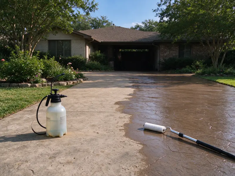 Stamped concrete driveway half cleaned and resealed