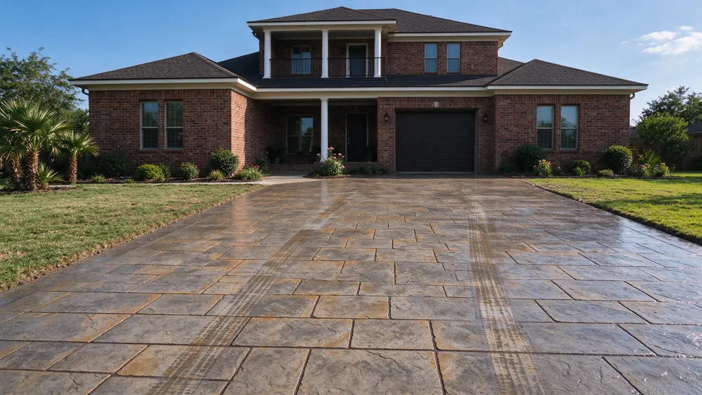 Stamped concrete driveway with an ashlar slate pattern in warm gray and tan tones leading to a two-story brick house