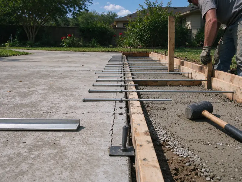 Steel dowel bars inserted horizontally into drilled holes along the edge of an existing concrete driveway slab