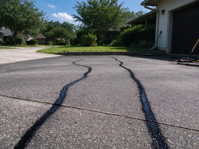 Swept asphalt with crack repairs before sealcoating