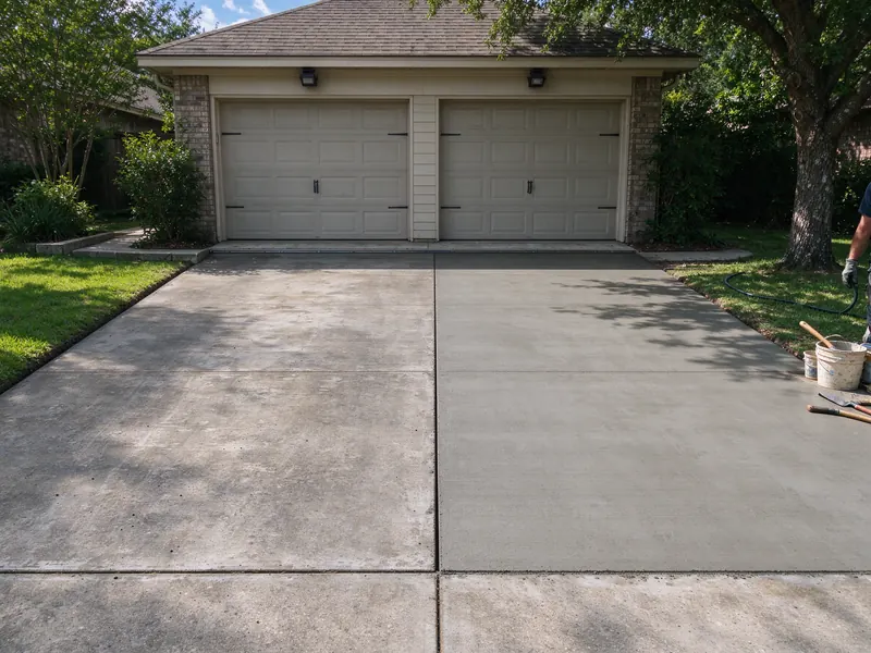 Two-car concrete driveway widened into a three-car width in front of a garage