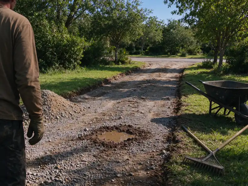 Uneven gravel driveway with a soft spot