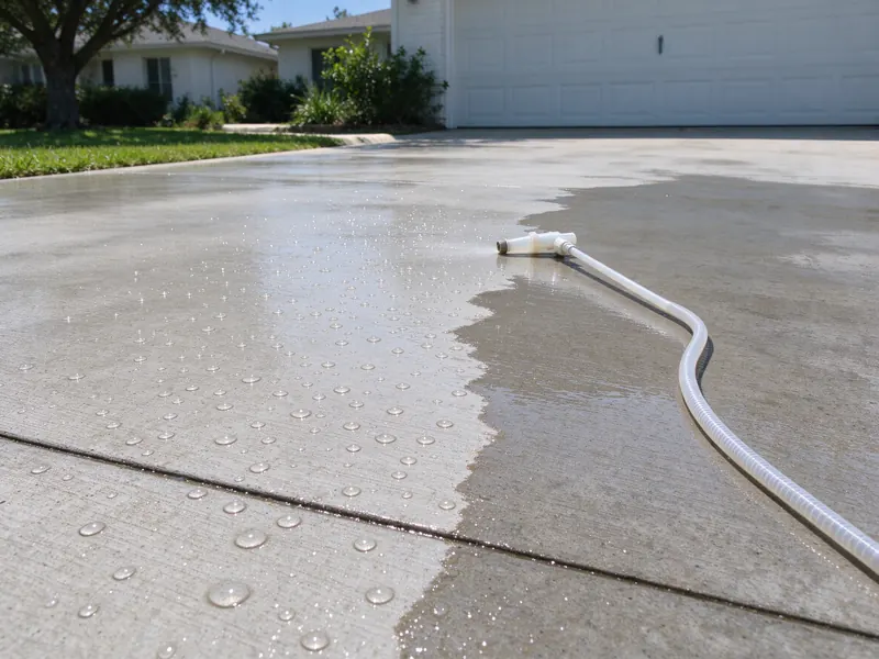 Water beading in round droplets on a sealed concrete driveway surface beside an unsealed area where water has soaked in and darkened the concrete