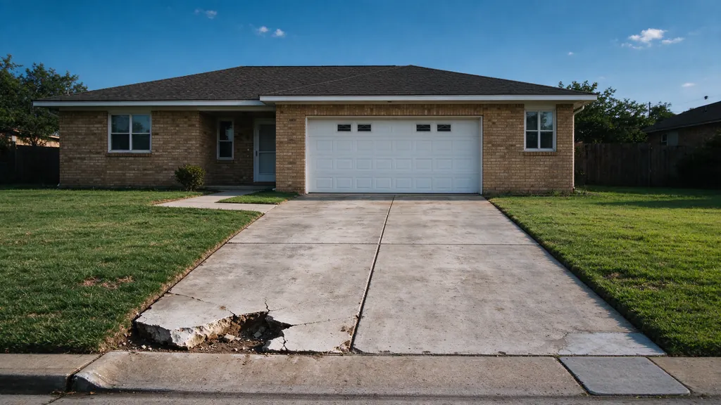 Weathered concrete driveway with a broken front corner leading to a brick ranch house in Houston