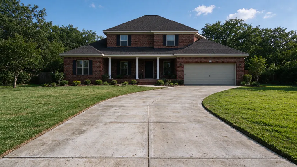 Weathered concrete driveway with neat lawn edges in the Sugar Land area