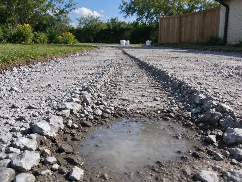 Wheel rut and loose stone in a gravel driveway