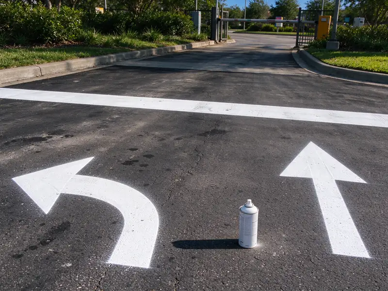 White directional arrows and a stop bar freshly painted on dark asphalt at a parking lot exit drive