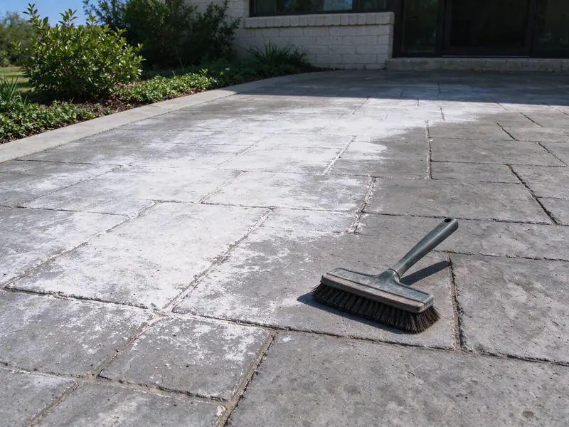 White mineral efflorescence haze on gray concrete pavers next to a cleaned section without haze