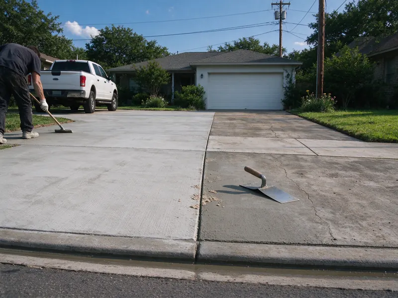 Widened concrete driveway entrance where new light gray concrete joins older weathered concrete along a straight sawn joint