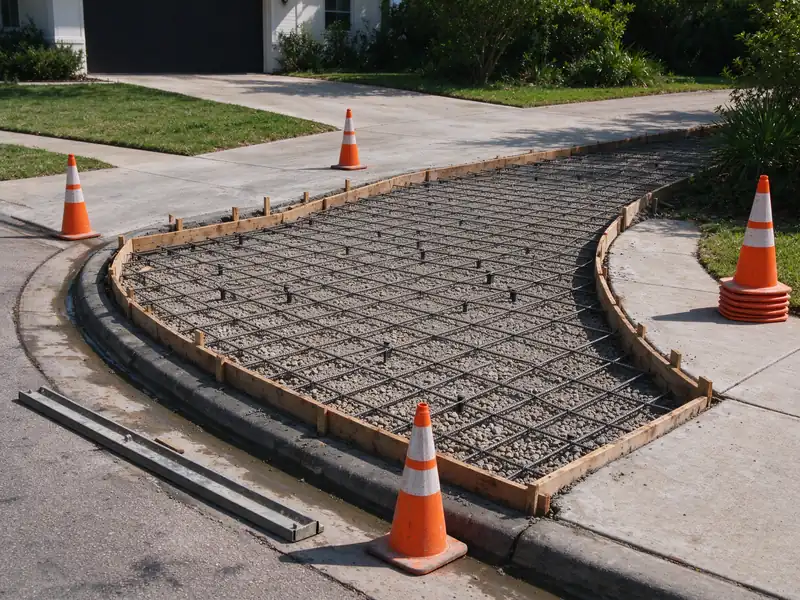 Wooden forms and steel reinforcing bars on chairs set for a new concrete driveway approach between a street gutter and a public sidewalk