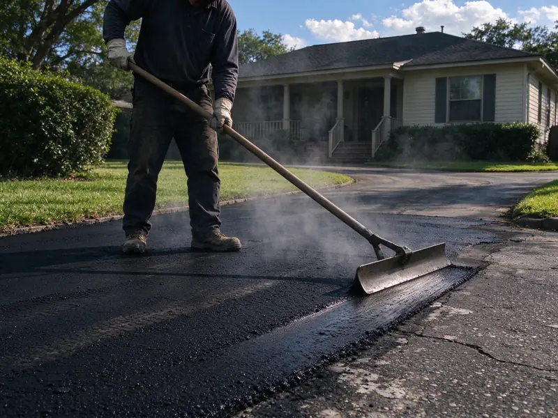 Worker raking a fresh asphalt overlay