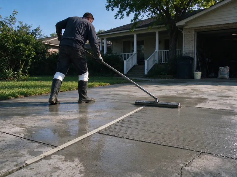 Worker spreading a thin overlay on a concrete driveway