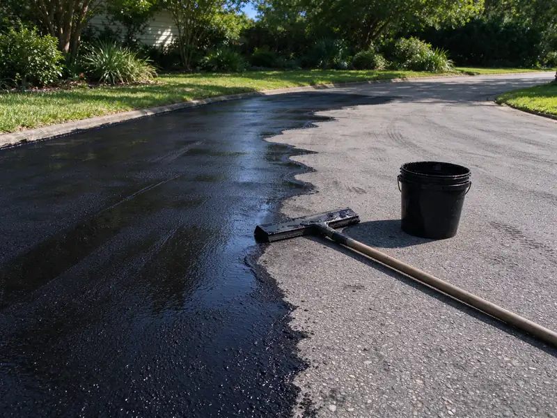 Worker spreading sealcoat with a squeegee